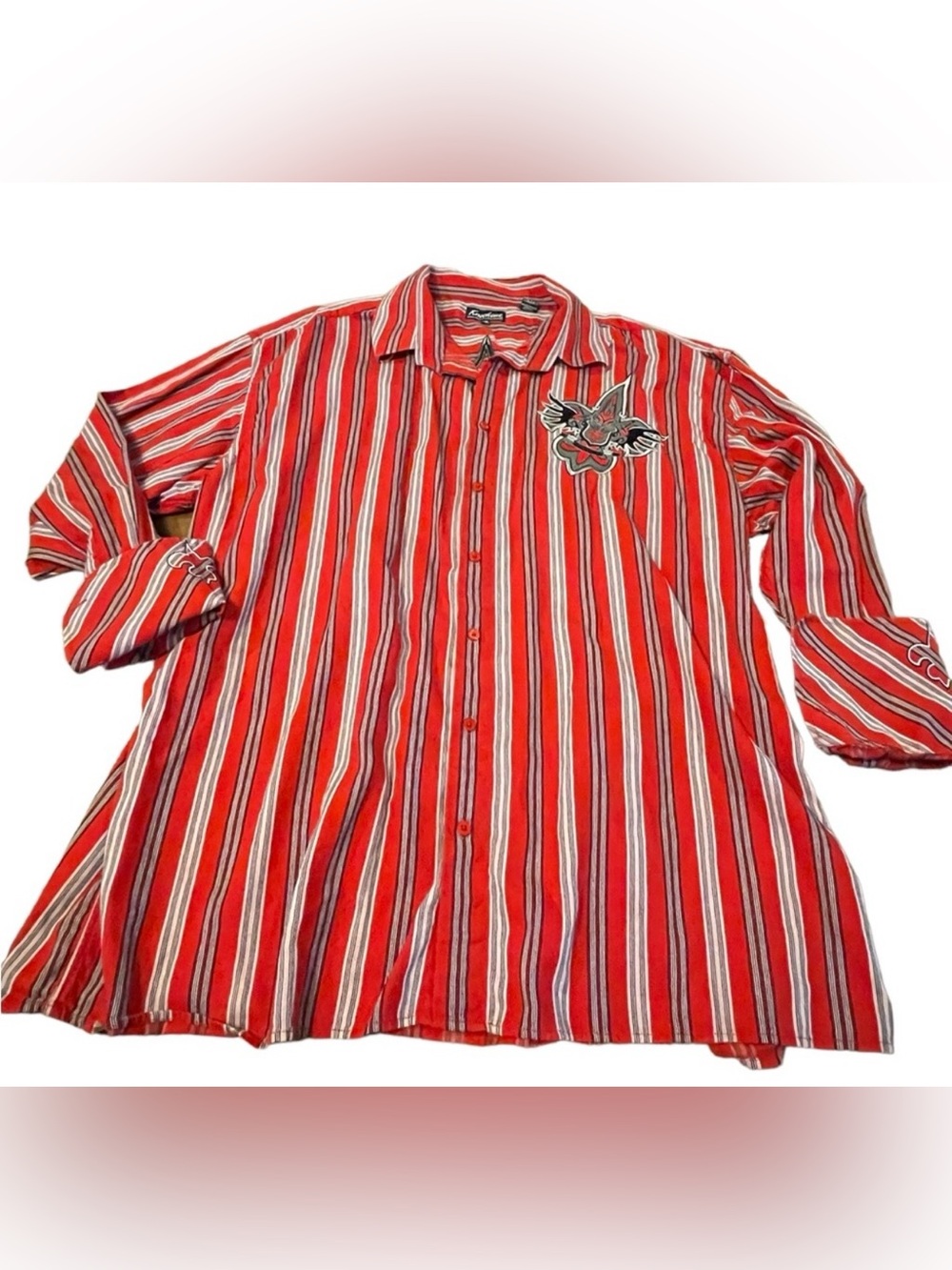Knockout long sleeve red black stripe button down, with embroidery plus size 5xl